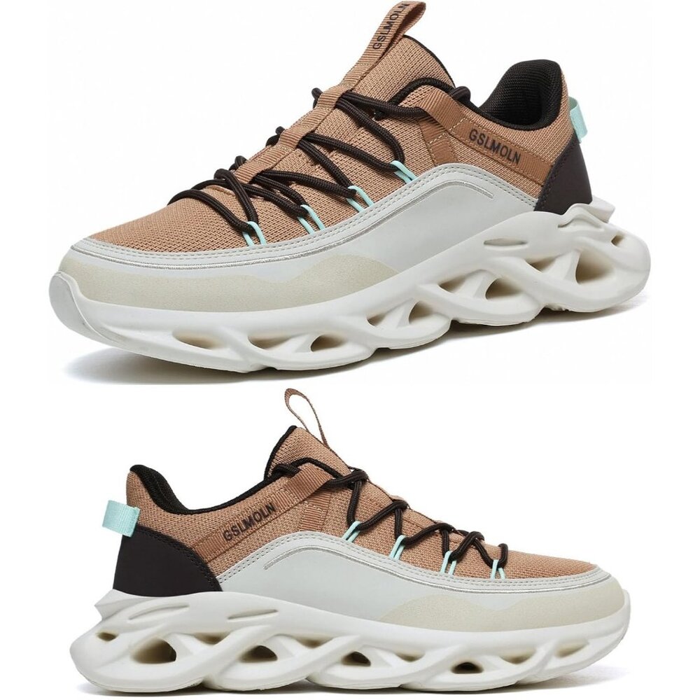 Women's Khaki White Running Walking Breathable Fabric Sneakers Athletic Shoes